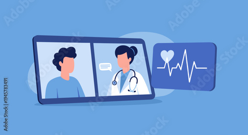 A tablet screen displays a telemedicine video call between a male patient and a female doctor, with a heartbeat monitor graph shown on an adjacent panel.