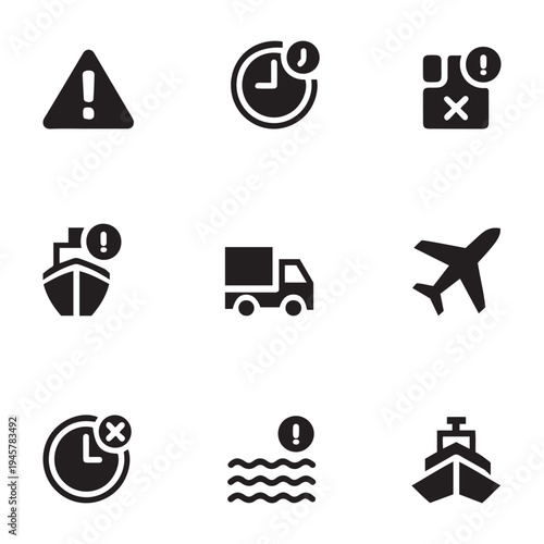 Global transportation and logistics warning icon set for shipping, delivery, and supply chain issues