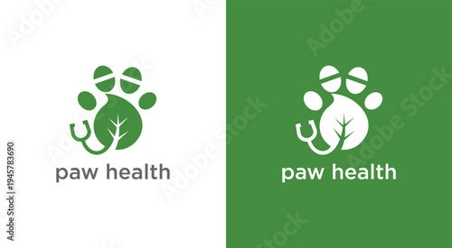 Paw Health Logo A Green Leaf and Paw Print Design for Veterinary Care.