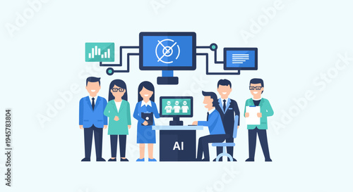 A diverse team of six business professionals works collaboratively with computers and data screens.