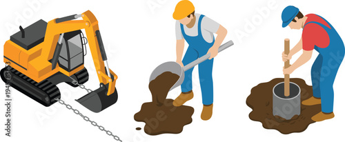 Isometric construction process with excavator digging trench and workers installing pipe foundation, civil engineering infrastructure work vector illustration