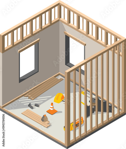 Isometric house interior framing construction with wooden studs, tools and safety helmet, residential renovation building process vector illustration