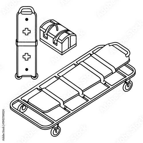 Medical stretcher and first aid kit isometric line art design elements