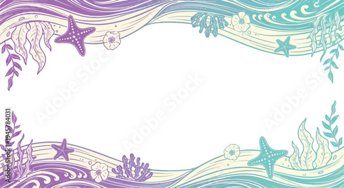 A flowing nautical frame featuring stylized sea waves, starfish, and coral elements in a decorative linework style with a central white copy space for beach events.