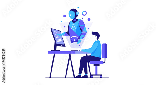 Man works at computer with holographic robot assistant above screen.