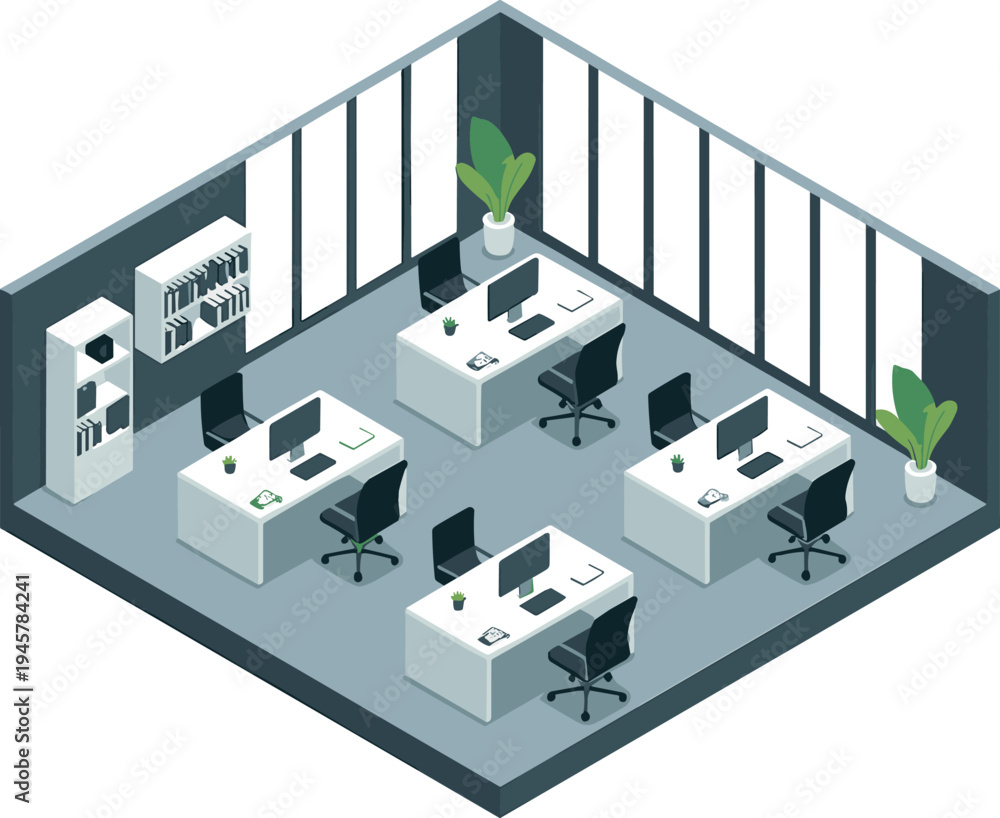 Fototapeta premium Isometric modern office workspace with desks, computers, chairs, plants and shelves, corporate workplace interior design vector illustration