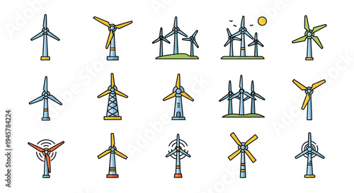 Illustrated collection of various wind turbines designs and renewable energy concepts