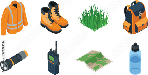 Isometric outdoor gear icon set with safety jacket, hiking boots, backpack, flashlight, radio, map and water bottle