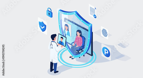 A male doctor conducts a virtual consultation, viewing a female patient within a large transparent digital shield, surrounded by security and document icons.