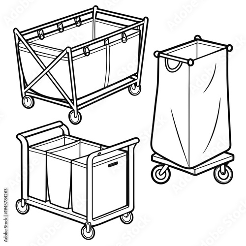 Laundry carts and hampers isometric outline set for hotel service