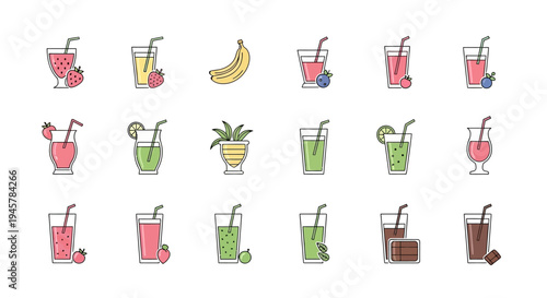 Illustrated drinks and snacks: diverse beverages, fruits, and design elements in vector style