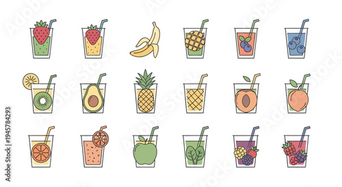 Illustrated fruity cocktails in glasses, various fresh juice recipes, white background