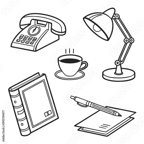Office desk essentials icon set outline vector illustration
