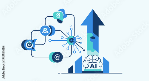 AI brain rocket connects to multiple data source icons.