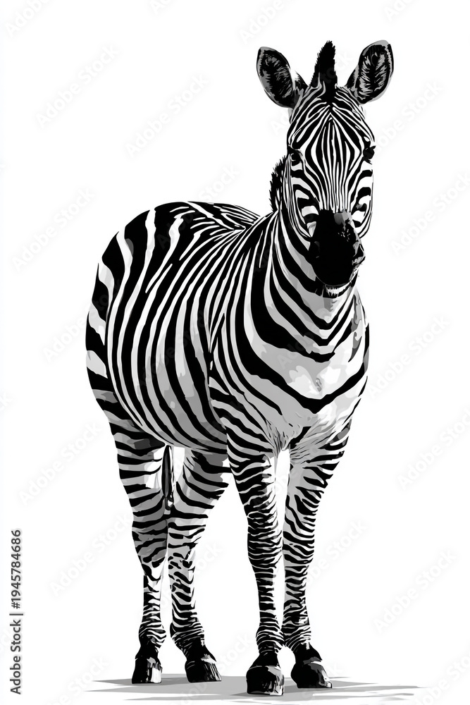 Fototapeta premium A cute cartoon zebra stands gracefully with bold black and white stripes. This clean vector illustration features a friendly expression and simple lines, perfect for children’s book designs.
