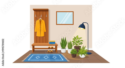 Cozy Hallway Interior with Plant Decor and Coat Rack
