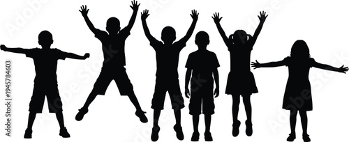 Children silhouette illustration, kids jumping artwork, joyful youth figures, playful body language, energetic poses drawing, black silhouette children vector design