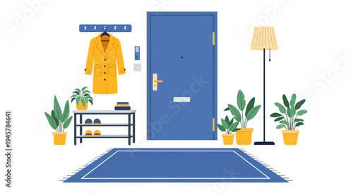 Cozy Hallway Interior with Yellow Coat, Blue Door, and Green Plants