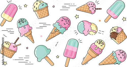 Cute Ice Cream and Popsicle Cartoon Vector Set with Colorful Scoops Cones and Frozen Dessert Summer Treat Illustration