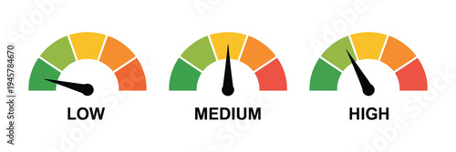 Vector set of three semi-circular performance meters, color-coded with green, yellow, and red sections, black needles indicating low, medium, and high readings, suitable for analytics dashboards, repo