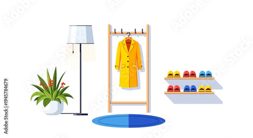 Cozy Hallway Interior with Yellow Coat, Floor Lamp, and Houseplants