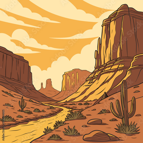 Grand desert canyon landscape illustration with cacti and riverbed