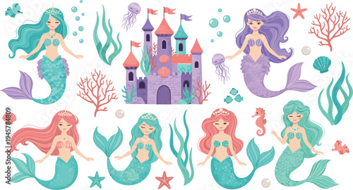 Beautiful mermaids with underwater castle, coral reefs and sea creatures, magical ocean fantasy cartoon illustration set for kids and fairytale design