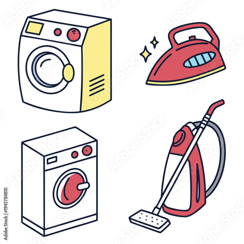 Household laundry and cleaning appliances isometric icons set