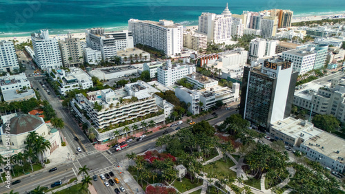 Drone shot of coastal hotel district near turquoise ocean Miami Beach