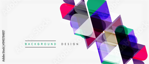 Abstract geometric shapes overlap, creating vibrant color gradients. Modern design elements suggest dynamic visual experience.