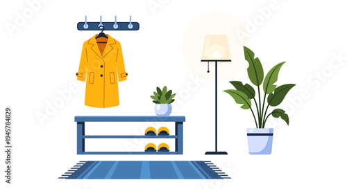 Cozy Hallway Interior with Yellow Coat, Shoe Rack, and Green Plants