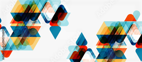 Abstract geometric shapes overlap, creating colorful translucent patterns. Modern design features vibrant hues, clean lines.