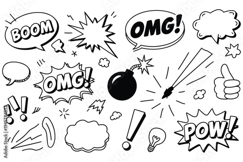 Comic Book Style Elements Collection: Speech Bubbles Exclamations Bomb Lightbulb Thumbs Up