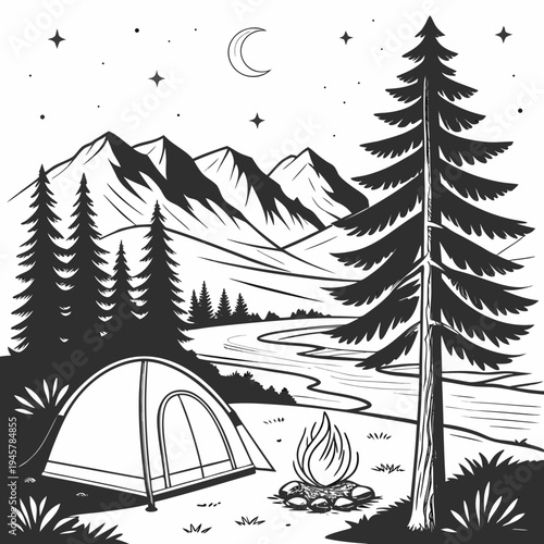 Night camping mountain landscape. wilderness adventure & outdoor scene
