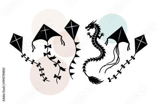 Vector set of diamond kites and long serpent dragon silhouettes. Traditional wind toys with ribbon tails for community festivals and park fun vector illustration design