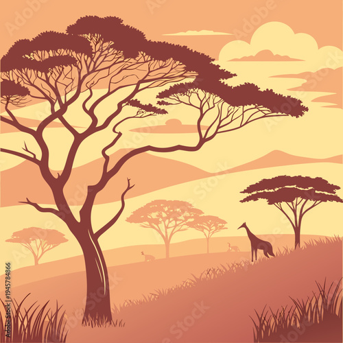 Beautiful african savanna landscape with wildlife silhouettes vector