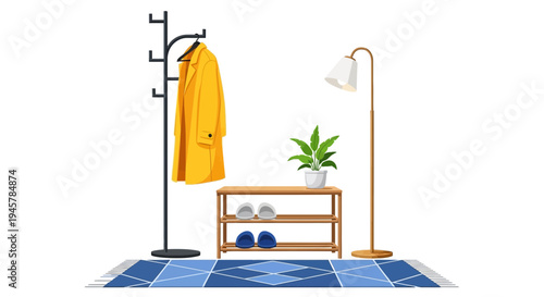 Cozy Hallway Interior with Yellow Coat, Shoe Rack, and Indoor Plant