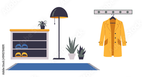 Cozy Hallway Interior with Yellow Coat, Shoe Rack, and Potted Plants