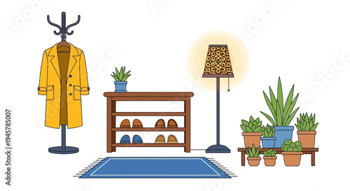 Cozy Home Entryway Illustration with Coat Rack, Shoe Shelf, and Potted Plants