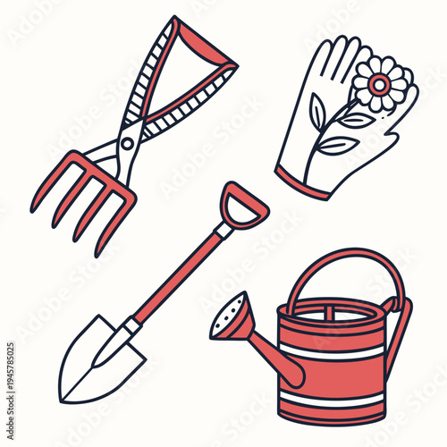 Essential gardening tools outline icons set: pruner, shovel, rake
