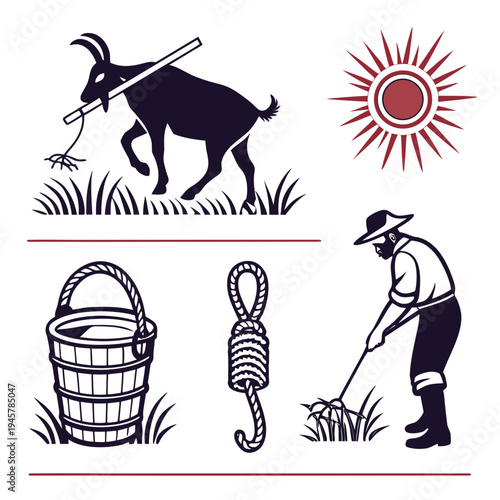 Rural farm life and agriculture monochrome icon set with farmer goat