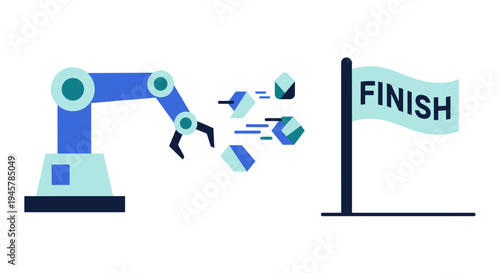 Blue robotic arm throws geometric shapes towards a finish line flag.