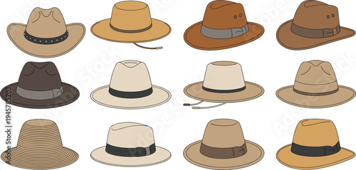Professional hat vector icon set featuring cowboy fedora and safari sun hats with detailed bands for fashion travel and outdoor headwear illustrations.