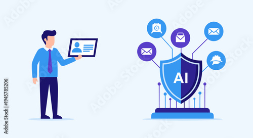 Cartoon man holds a tablet next to an AI shield with connected icons.
