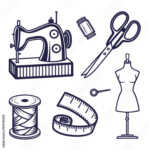 Sewing craft tools equipment outline vector icons for tailoring design