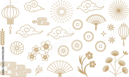 Hand drawn floral and botanical line art set with wheat ears lanterns fans and flowers seamless pattern vector illustration