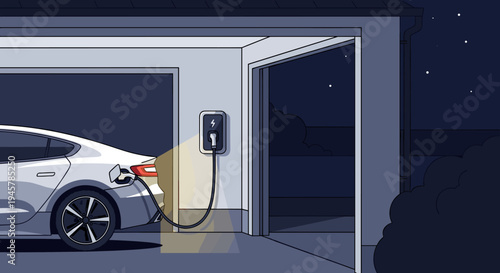 White electric car charges inside a garage at night under a starry sky.