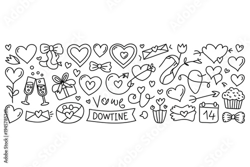 Doodle Heart Icons with Valentine's Day Symbols Black and White Simple Line Art