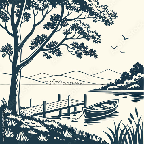 Peaceful lakeside landscape illustration with wooden pier and rowboat