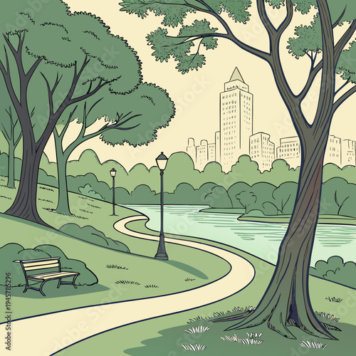 City park lake landscape with trees path buildings urban nature scene